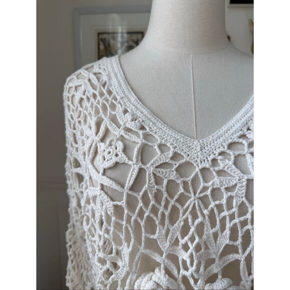 Vintage 90s Y2K One Step Up Ivory Open Knit Crochet Long Sleeve Crop Top OSFM - Picture 2 of 7